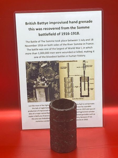 Very rare to find British Battye improvised hand grenade solid relic condition with black paintwork recovered from the Somme battlefield of 1916-1918.