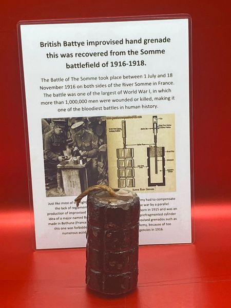 Very rare to find British Battye improvised hand grenade with reproduction internal section and fuse nice solid relic condition with black paintwork recovered from the Somme battlefield of 1916-1918.