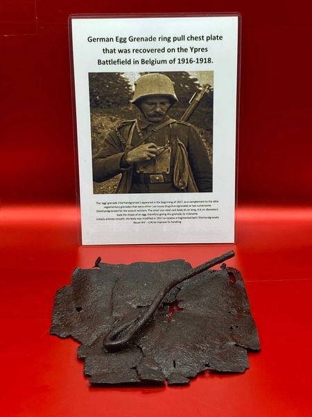 Very rare German Egg Grenade ring pull chest plate near complete solid relic condition that was found on the Ypres Battlefield in Belgium of 1914-1918.