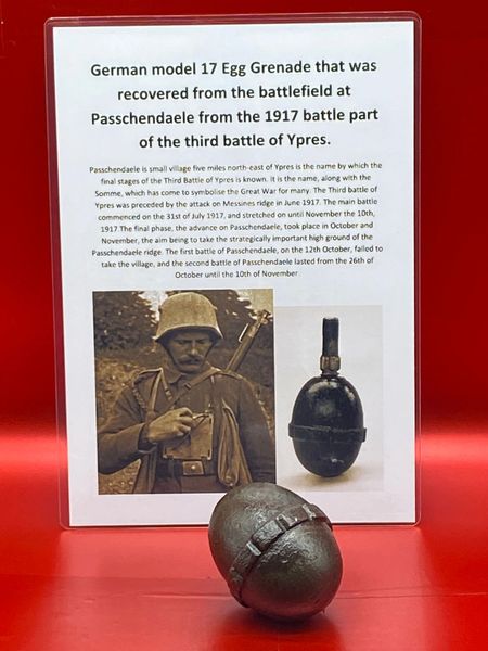 Lovely condition German model 1917 egg grenade,maker marked,original colour recovered from the battlefield at Passchendaele from the 1917 battle part of the third battle of Ypres.