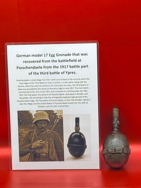 Lovely condition German model 1917 egg grenade with its fuse in place,maker marked,original colour,no real rust recovered from the battlefield at Passchendaele from the 1917 battle part of the third battle of Ypres.