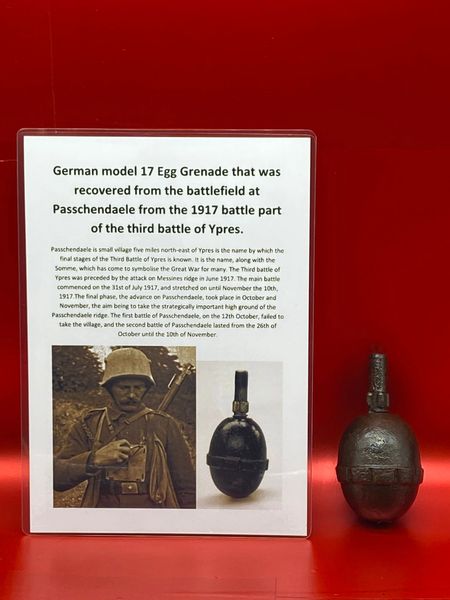 Lovely condition German model 1917 egg grenade with its fuse in place,original colour,only light rust recovered from the battlefield at Passchendaele from the 1917 battle part of the third battle of Ypres.