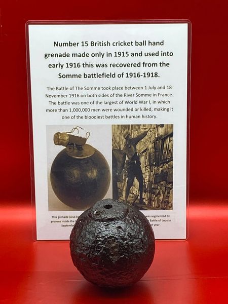 Very rare complete Number 15 British cricket ball hand grenade made only in 1915 lovely solid relic condition recovered from the Somme battlefield of 1916-1918.