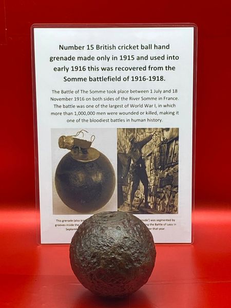 Very rare complete Number 15 British cricket ball hand grenade made only in 1915 lovely solid relic condition recovered from the Somme battlefield of 1916-1918.