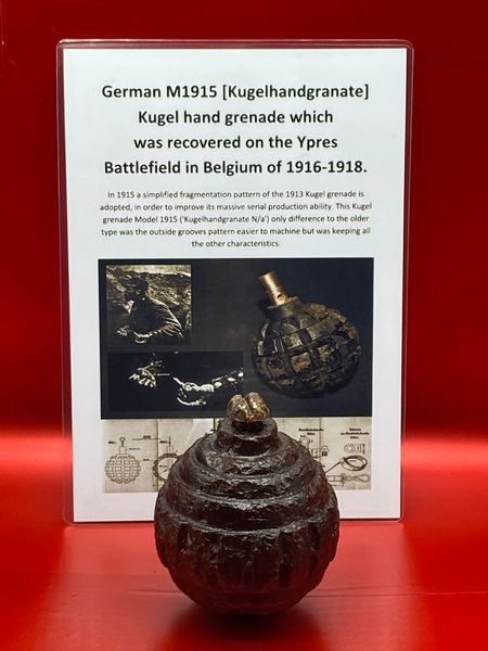 German M1915 [Kugelhandgranate] Kugel hand grenade with lots of original black paintwork and transit plug which was recovered on the Ypres Battlefield in Belgium of 1916-1918.