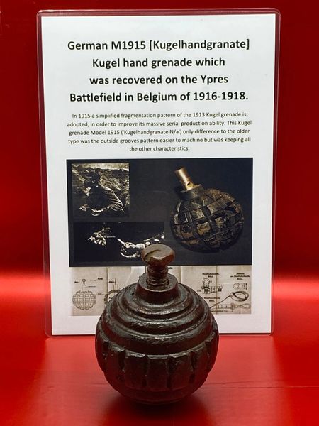 Fantastic German M1915 [Kugelhandgranate] Kugel hand grenade with all of its original black paintwork and its lovely brass transit plug which was recovered on the Ypres Battlefield in Belgium of 1916-1918.