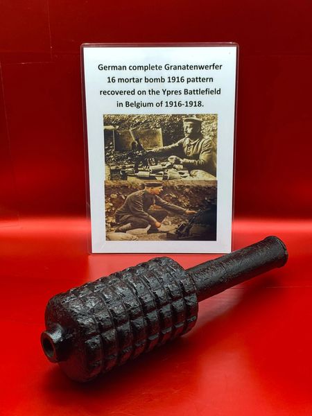 Very rare German complete granatenwerfer 16 mortar bomb nice relic condition which was recovered on the Ypres Battlefield in Belgium of 1916-1918.