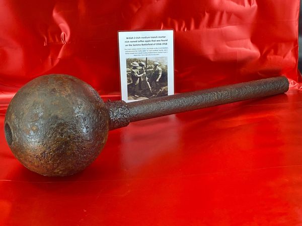 Very rare complete British 2-inch medium trench mortar bomb nick named Toffee apple,lovely condition with some original paintwork found on the Somme battlefield of 1916-1918.