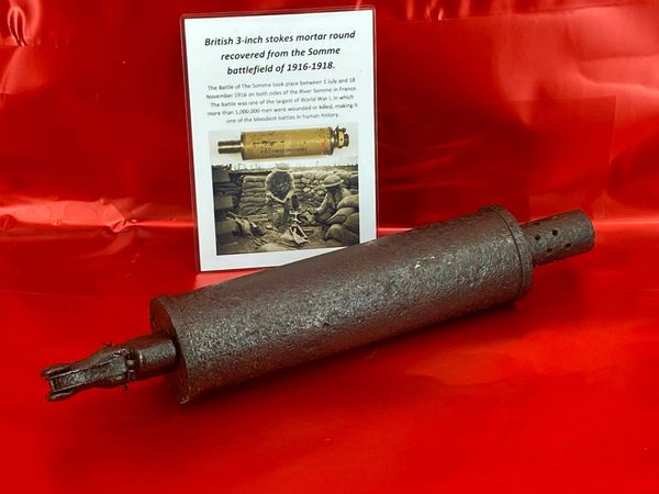 Very rare to find nice condition British 3 inch stokes mortar round lovely clean relic with black over paint which was recovered on the Somme battlefield of 1916-1918.