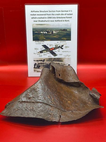 Large steel airframe structure section in solid relic condition rusty but well cleaned from German V1 rocket which crashed in 1944 in to Orlestone Forest near Shadoxhurst in kent