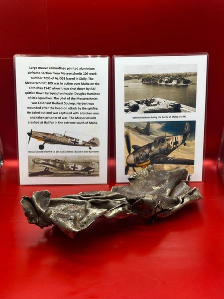 Very rare large aluminium airframe section with lots of its original black/Mauve camouflage paintwork remains from Messerschmitt 109 work number 7295 of 6/JG53 based in Sicily that was shot down on the 15th May 1942 at Hal Far in the south of Malta