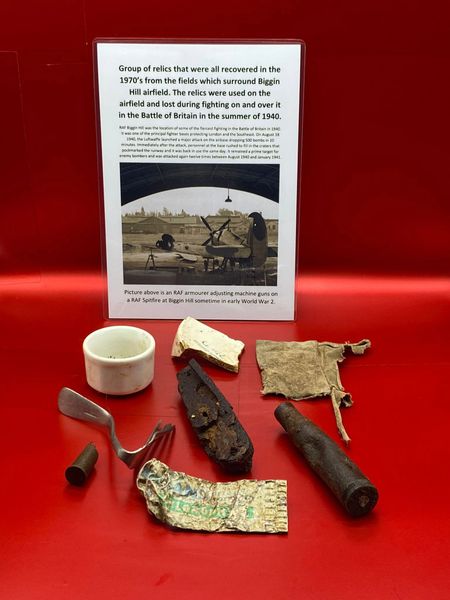 Group of relics including cases,crockery all recovered in the 1970’s from the fields which surround Biggin Hill airfield. The relics were used on the airfield and lost during fighting on and over it in the Battle of Britain in the summer of 1940.