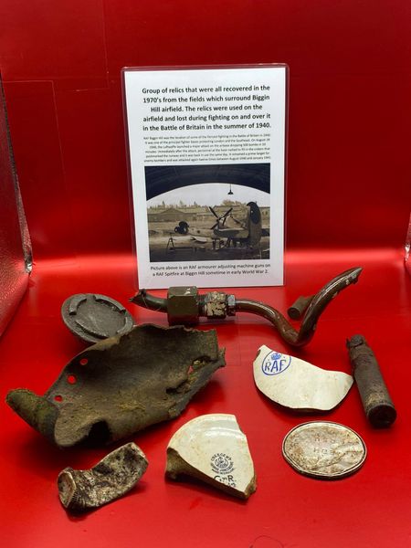 Group of relics including cases,crockery all recovered in the 1970’s from the fields which surround Biggin Hill airfield. The relics were used on the airfield and lost during fighting on and over it in the Battle of Britain in the summer of 1940.