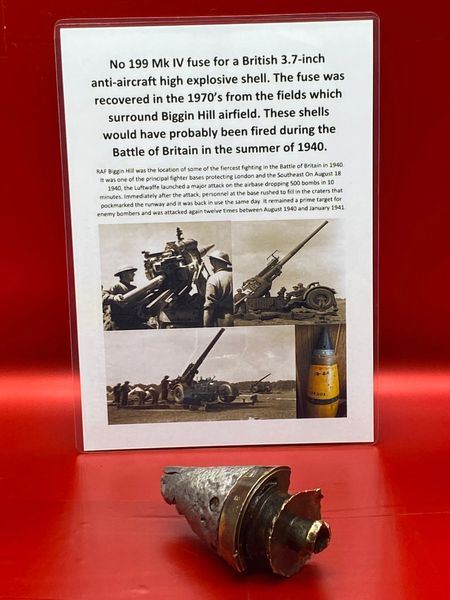 Blown apart fired No 199 Mk IV fuse for a British 3.7-inch anti-aircraft high explosive shell recovered in the 1970’s from the fields which surround Biggin Hill airfield,fired in defense of the airfield sometime during the Battle of Britain in 1940.