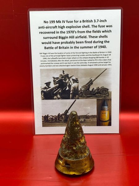 Complete No 199 Mk IV fuse for a British 3.7-inch anti-aircraft high explosive shell dated 1938 recovered in the 1970’s from the fields which surround Biggin Hill airfield,fired in defense of the airfield sometime during the Battle of Britain in 1940.