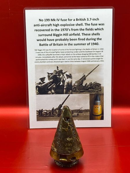 Near complete No 199 Mk IV fuse for a British 3.7-inch anti-aircraft high explosive shell dated 1939 recovered in 1970’s from the fields which surround Biggin Hill airfield,fired in defense of the airfield sometime during the Battle of Britain in 1940.