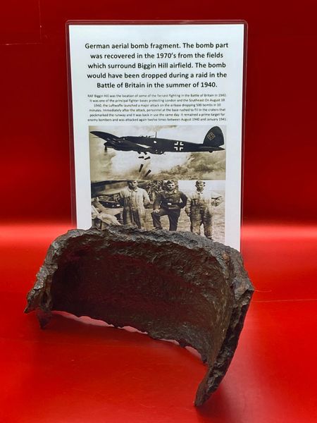 Very rare German aerial bomb fragment from a bomb dropped and exploded during an air raid on the airfield that was recovered in the 1970’s from the fields which surround Biggin Hill airfield lost in the Battle of Britain in 1940.