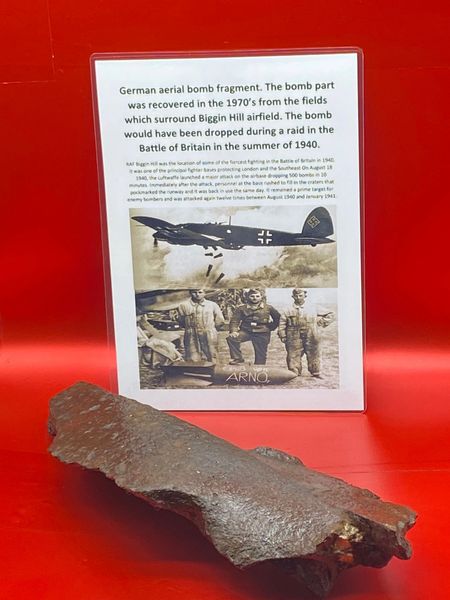 Very rare German aerial bomb thick armoured fragment from a bomb dropped and exploded during an air raid on the airfield that was recovered in the 1970’s from the fields which surround Biggin Hill airfield lost in the Battle of Britain in 1940.