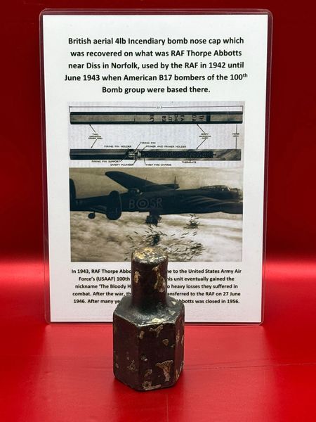 British aerial 4lb Incendiary bomb nose cap lovely relic condition which was recovered on what was RAF Thorpe Abbotts near Diss in Norfolk, used by the RAF in 1942 until June 1943 when American B17 bombers of the 100th Bomb group were based there.