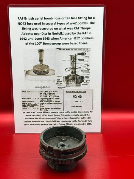 RAF British aerial bomb nose or tail fuse fitting for a NO42 fuse,maker markings-nice condition used in several types of bombs it was recovered on what was RAF Thorpe Abbotts near Diss in Norfolk, used by the RAF in 1942 then in 1943 American B17 bombers