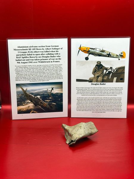 Ultra rare aluminium airframe section,original colour from German Messerschmitt BF-109 flown by Albert Schlager of I Gruppe JG26 which crashed after colliding with a RAF Spitfire flown by ace Douglas Bader on the 9th August 1941 over France.