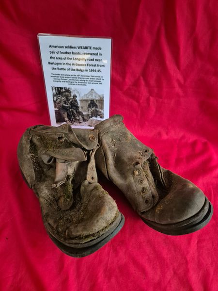 American army boots recovered from the woods in the area of the battle on the longvilly road - 19th December 1944.Battle of the Bulge