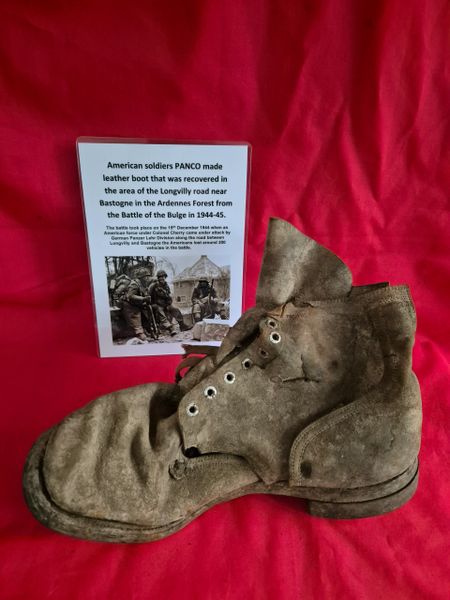 American army boot recovered from the woods in the area of the battle on the longvilly road - 19th December 1944.Battle of the Bulge