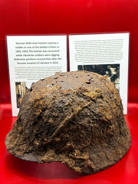 Fantastic as found with mud and tree root remains when recovered German M40 steel helmet used by a soldier in,battles of Kiev in 1941-1943,recovered while Ukrainian soldiers were digging defensive positions around Kiev after the Russian invasion in 2022.