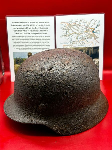 Lovely condition relic German Army M40 steel helmet with near complete liner and some paintwork remains used by soldier of the 4th Panzer Army recovered on the Dom river area from the battles of November- December 1942 outside Stalingrad