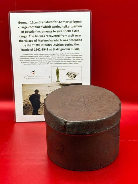 German 12cm mortar charge container complete, maker marked which has some original green paintwork remains used by the 297th Infantry Division recovered in village of Marinovka defended by them during the battle of 1942-1943 at Stalingrad in Russia