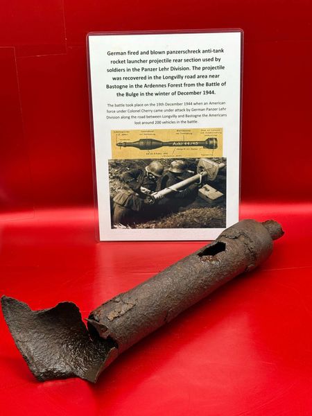 German blown apart panzerschreck anti-tank rocket launcher projectile rear section late war wintermunition, nice condition relic used by soldiers in Panzer Lehr Division recovered,Longvilly road area near Bastogne,battle on 19th December 1944,The Ardennes