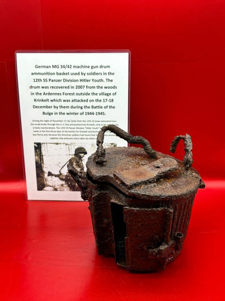 German MG 34/42 basket drum ammunition basket near complete,lovely relic condition with some original colour used by soldiers of the 12th SS Panzer Division recovered in 2007 in the Ardennes Forest, village of Krinkelt, attacked by them during the Battle