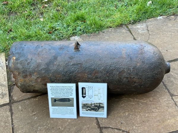 Totally rare British LC 250lb Mark 2 Chemical warfare bomb that would have been filled with Mustard gas or Phosgene that was recovered from a dump site on what was RAF Thorpe Abbotts near Diss in Norfolk which was used by the RAF in 1942 until June 1943