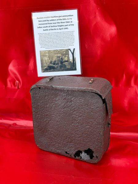 Russian maxim machine gun ammunition tin relic condition used by soldiers of the 69th Army recovered near the river Oder at Lebus south of Seelow Heights