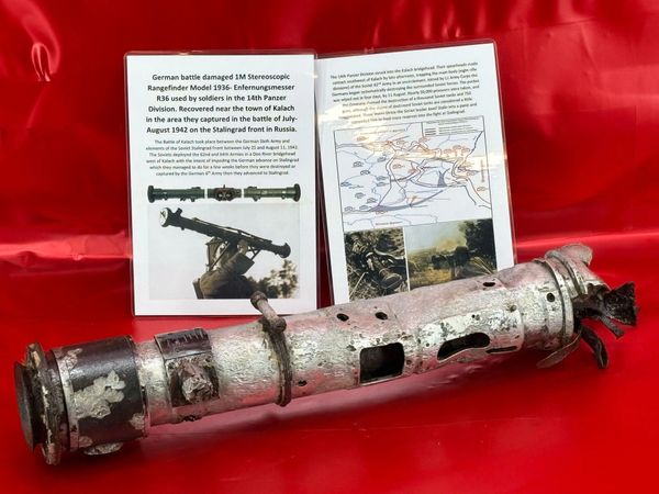 Totally rare relic battle damaged German battle damaged 1M Stereoscopic Rangefinder Model 1936- Enfernungsmesser R36,with maker label used by soldiers in the 14th Panzer Division. Recovered near town of Kalach, battle of July-August 1942,Stalingrad front