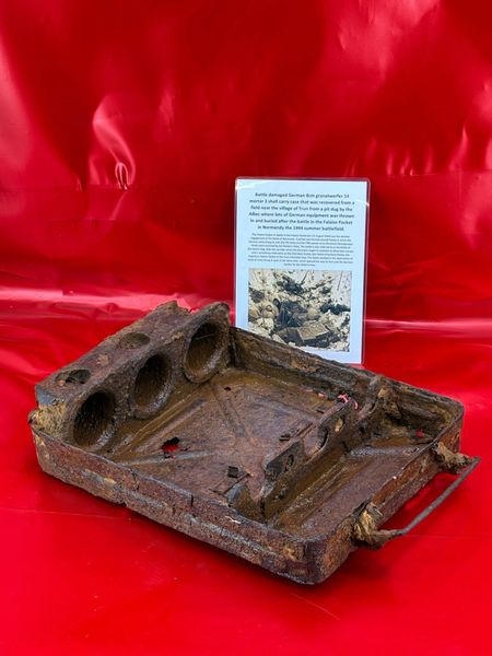 German 8cm Mortar 3 shell carry case base with some maker marking remains nice solid relic recovered from a field near Trun a pit dug by the allies where lots of German equipment buried after the battle in the Falaise Pocket, Normandy in France 1944