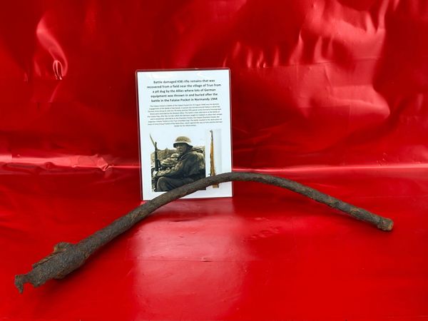 Battle damaged German K98 rifle barrel section solid relic condition recovered from a field near Trun a pit dug by the allies where lots of German equipment buried after the battle in the Falaise Pocket, Normandy in France 1944