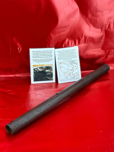 Nice condition relic German Panzerfaust anti-tank rocket launcher tube with paintwork remains faint markings nice relic condition recovered from a lake East of Bastogne in the Ardennes Forest from the Battle of the Bulge in the winter of 1944-45.