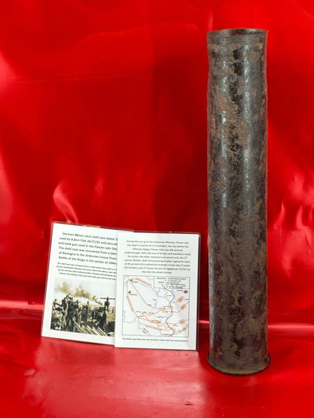 German steel made shell case solid relic,maker markings dated 1944 for the flak 36/37/41 the famous 8.8cm anti aircraft and anti tank gun belonging to Luftwaffe 311th Flak battalion recovered from a Lake East of Bastogne from battle of the Bulge 1944-1945