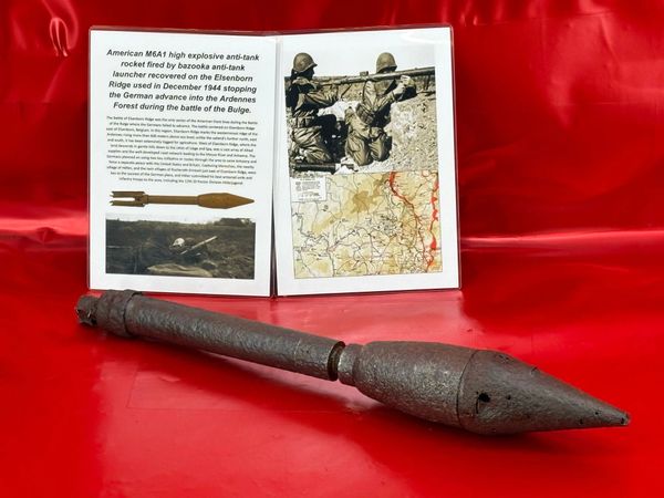 Very rare American near complete M6A1 high explosive anti-tank rocket projectile fired by bazooka anti-tank rocket launcher recovered years ago from woods near the Elsenborn Ridge in the Ardennes Forest the battle of the bulge 1944-1945