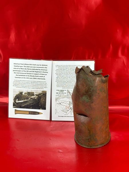 Blown apart American fired 105mm M14 shell case dated 1942 for M101A1 howitzer gun,recovered in the area of La Mare des Pierres defended by American paratroopers of 501-502 Regiment’,battlefield of the Bloody Gulch south of Carentan,13th June 1944