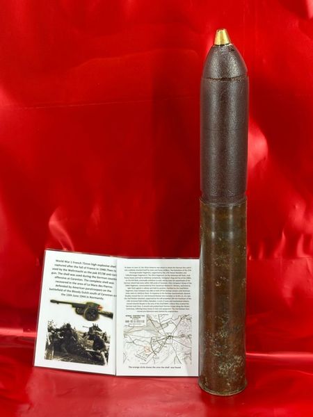 French 75mm complete high explosive shell dated 1918 re used as the German PAK 97/38 anti-tank gun used during the German counter offensive at Carentan,recovered at La Mare des Pierres the battlefield of the Bloody Gulch,Carentan,13th June 1944,Normandy