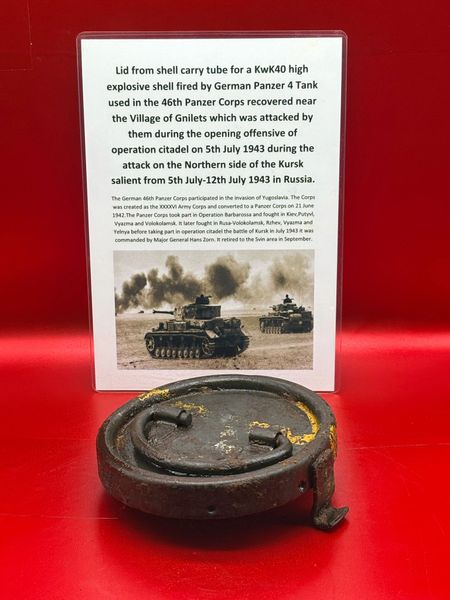 Lid from shell carry tube for a KwK40 high explosive shell with original green paintwork,yellow stripe used by the 46th Panzer Corps recovered near Gnilets attacked by them on 5th July 1943 during the attack on the Kursk salient