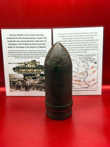 German a fired 75mm KwK40 armour piercing projectile,complete driving band used by a German panzer 4 tank in the Panzer Lehr Division it was recovered from a lake East of Bastogne in the Ardennes Forest from the Battle of the Bulge 1944-45.