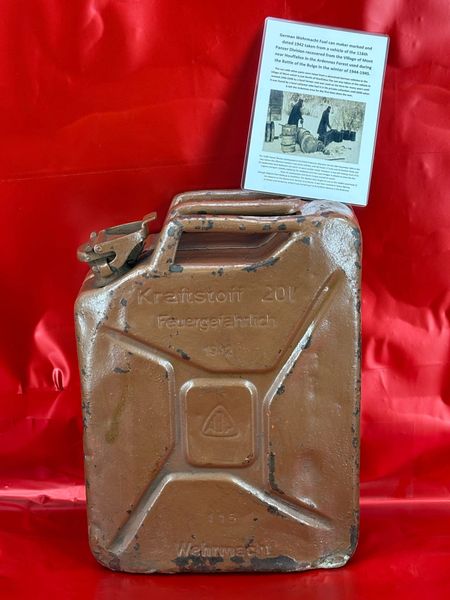 German Fuel can the famous Jerry can maker marked,dated 1942,over painted brown used by the 116th Panzer Division recovered from near Houffalize in the Ardennes forest from battle of the bulge winter 1944-1945