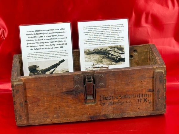 German carry crate for Gewehr Sprenggrante 30 anti personnel rifle grenades not complete missing lid but has rare maker mark and dated 1943 on the front used by 116th Panzer Division recovered from near Houffalize in the Ardennes forest,1944-1945