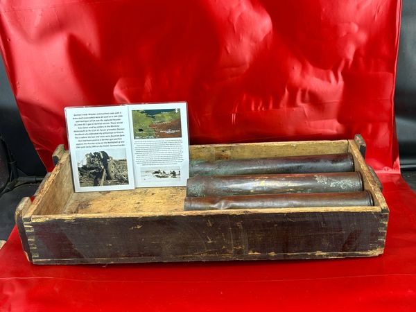 German made Wooden ammunition crate with 3 brass shell cases for PAK [36]r anti-tank gun,captured Russian 76.2mm ZIS 3 gun used by the 9th Army Wehrmacht or the 11th SS Panzer Nordland in city of Kostrzyn or Kustrin found on battlefield of late 1944