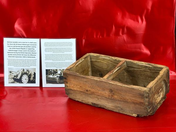 German wooden carry crate for 2 x shell cases for 15cm SIG 33 heavy infantry gun,black ink markings recovered from an old German gun pit position used in the battle of Helmond,Operation Market Garden on 22nd-25th September 1944 in Netherlands.