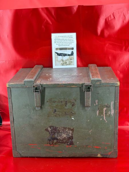 Rare Luftwaffe transportation crate very nice condition which is for 60 in 4 seperate tins 1kg incendiary bombs,last packed date on the label inside the of 13th June 1942 used on an airfield in the Calais region properly against England during the Blitz