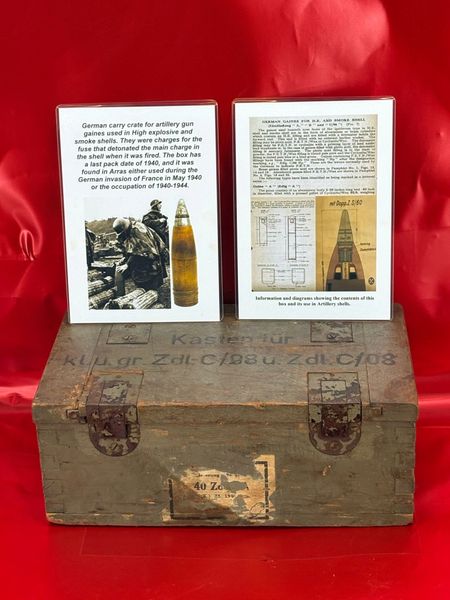 German carry crate for artillery gun gaines used in High explosive and smoke shells charges for the fuse that detonated the main charge in the shell when it was fired with a last pack date 1940 it was found in Arras from German invasion of France